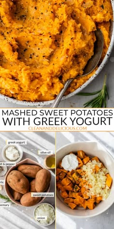 mashed sweet potatoes with greek yogurt in a bowl and on a plate