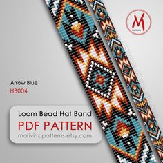 the bead bracelet pattern is shown in blue, orange and yellow colors with an arrow on