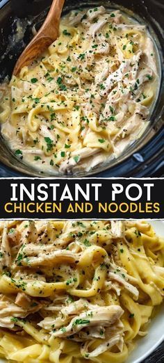 instant pot chicken and noodles in a slow cooker with text overlay that reads instant pot chicken and noodles