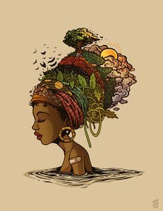 an african woman wearing a headdress with plants on her head and birds flying around