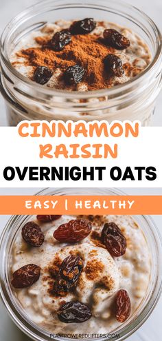 cinnamon raisin overnight oats in a glass bowl with an orange and white background