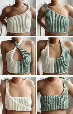 four photos of a woman's crop top with different stripes on the front and back