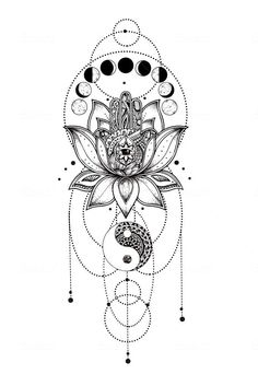 a black and white drawing of a lotus flower with yin symbols in the center, surrounded by circles