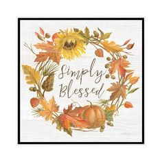 a cross stitch pattern with the words simply blessed surrounded by autumn leaves and sunflowers