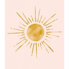 the sun is shining brightly in front of a pink background with gold lines on it