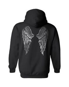 "Angel Wings Hoodie, Country Girl® Women's Hooded Sweatshirt, Silver Foil Wings, Biker Angels * Classic fit * Clothing style: Pullover * Sleeve length: Long sleeve Handmade in our shop with high quality retail printing on a quality Gildan Heavy Blend sweatshirt. Solid Colors - 8 oz.(US) 13.3 oz.(CA), 50% cotton/50% polyester. Heather Colors - 8 oz.(US) 13.3 oz.(CA), 40% cotton/60% polyester. Care Instructions Wash in cold/warm water and tumble dry with low heat turning the shirt inside out. Do n Black Biker Hoodie For Streetwear, Black Biker Style Streetwear Hoodie, Black Biker Hooded Jacket With Long Sleeves, Black Biker Style Hoodie, Biker Style Long Sleeve Hoodie For Streetwear, Winter Biker Hoodie, Biker Style Hoodie For Streetwear, Country Girl Clothing, Angel Wings Hoodie