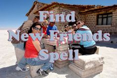 a group of people sitting on top of cement blocks with the words find new friends spell