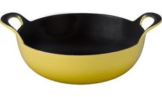 a black and yellow pan with handles