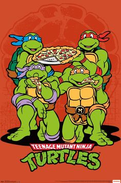 the teenage mutant ninjas are eating pizza together in front of an image of tmnt's