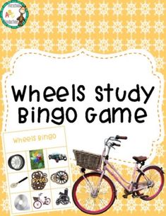 the wheel's study bingo game is shown with an image of a bicycle and other items