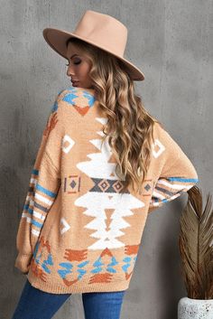 Aztec Print Long Sleeve Tunic Knitted Sweater Casual Fair Isle Knit Sweater Coat, Casual Knit Sweater Coat With Fair Isle Pattern, Cozy Jacquard Knit Tops For Fall, Casual Long Sleeve Cardigan With Fair Isle Pattern, Casual Acrylic Sweater With Fair Isle Pattern, Beige Jacquard Knit Casual Outerwear, Casual Beige Jacquard Knit Outerwear, Casual Beige Jacquard Knit Cardigan, Casual Jacquard Knit Sweater Coat For Fall