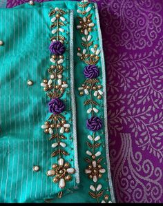 Checks Embroidery Blouse, Simple Bead Work Blouse, Saree Work Design Embroidery, Simple Aari Work Blouse Design For Pattu Saree, Handwork Ideas, Blue Blouse Designs, Latest Blouse Designs Pattern, Aari Blouse