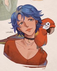 a drawing of a woman with blue hair holding a bird on her shoulder and looking at the camera