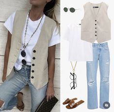 Women Vest Outfits Summer, Waist Vest Outfits For Women, Beige Vest Outfits For Women, Waistcoat Outfit, Stylish Outfits For Women Over 50, Outfit Primavera, Mode Casual, Cooler Look