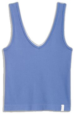 Trendy V-neck Tank Top For Loungewear, Blue Ribbed V-neck Tank Top, Casual Seamless V-neck Camisole, Stretch Ribbed V-neck Tank Top, Casual Stretch V-neck Camisole, Casual Stretch Camisole With V-neck, Blue Seamless V-neck Camisole, Blue V-neck Seamless Camisole, Blue Casual Seamless Tank Top