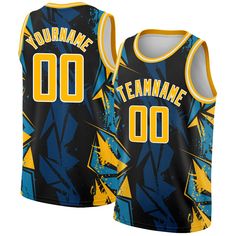 a blue and yellow basketball jersey with the number 00 on it, featuring an image of a