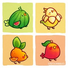 four different types of fruit are depicted in this cartoon style illustration, each with an individual's face