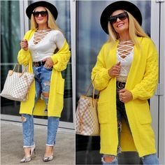 KANARY Yellow Soft Cardigan Sweater With Leggings, Black Dress With Heels, Sneakers Street, Heels Casual, Yellow Soft, Top Jeans, Sneakers Street Style, Lace Up Top, Yellow Knit