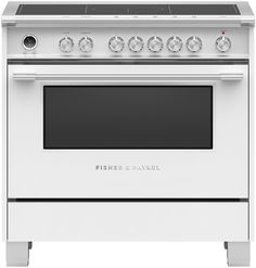 a white stove with four burners and two oven doors on each side, in front of a white background