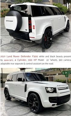 the white land rover defender is parked in front of a building with black rims