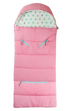 a pink sleeping bag with blue zippers