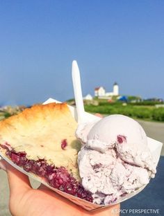 a piece of pie and ice cream on a paper plate with a blue sky in the background