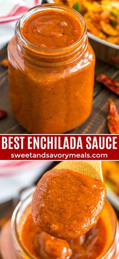 the best enchilada sauce is in a jar with a spoon