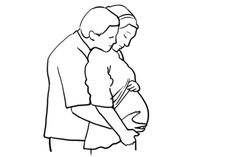 a black and white line drawing of a woman holding a baby in her arms,