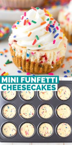 mini funfetti cheesecakes with white frosting and sprinkles