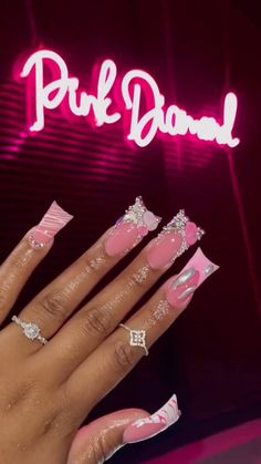 Long Pink Birthday Nails, Long Duck Nails Acrylic, Pink French Tip Nails Acrylics Long With Gems, Pink Freestyle Nails, Baddie Birthday Nails Long, Pink Birthday Nails Acrylic, Pink Birthday Nails, Pink Duck Nails, Pink French Tip Junk Nails