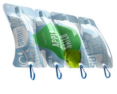 four water bottles hanging from hooks on a white background