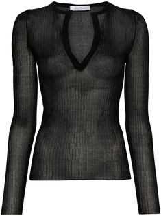 black silk ribbed knit semi-sheer construction V-neck long sleeves straight hem The Embrace, Knitwear Cardigan, Heel Boots, Silk Top, Black Silk, Max Mara, High Boots, Denim Dress, Fashion Inspo Outfits