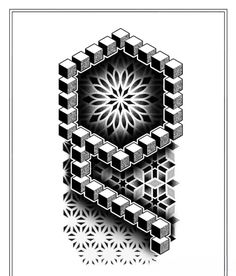 a black and white drawing of an abstract design with cubes in the shape of a flower