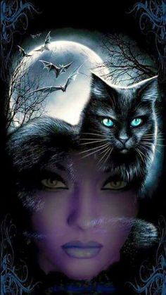 a black cat with blue eyes sitting in front of a full moon