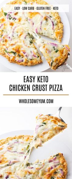 easy keto chicken crust pizza on a white plate