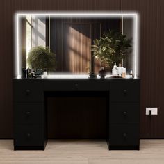 a desk with a mirror and lights on it in front of a wall mounted plant