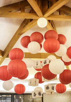 many red and white lanterns hanging from the ceiling