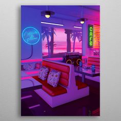 the interior of a restaurant with neon lights and palm trees on the wall behind the booth