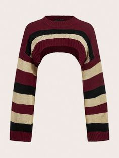 Striped Pattern Micro Crop Sweater Red Casual  Long Sleeve Fabric Striped Pullovers Slight Stretch  Women Clothing, size features are:Bust: ,Length: ,Sleeve Length: Picture Filters, Crop Pullover, Shein Icon, Cropped Pullover, Crop Sweater, Black Party, Knit Crop Top, Really Cute Outfits, Cute Sweaters