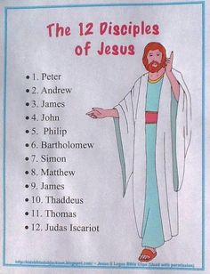 the 12 disciples of jesus poster on a white paper with blue border and red lettering