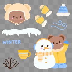 some cute cartoon animals and snowmen on a gray background, with the words winter written below them