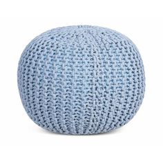 a blue knitted poufce on a white background