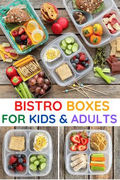 several different pictures of food in plastic containers with the words bistro boxes for kids and adults