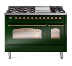 ILVE Nostalgie II 48 Dual Fuel Natural Gas Range, Emerald Green, Brass Trim ILVE UP48FNMPEGG - Farmhouse Kitchen and Bath Freestanding Double Oven, Induction Range, Ilve Range, Dual Fuel Ranges, Double Oven Range, Iron Grate, Freestanding Range, Cool Doors, Range Cooker