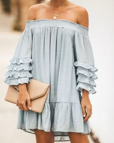 City Of Angels Off The Shoulder Ruffle Dress - Cloud Spring Neutrals, Off The Shoulder Ruffle Dress, Stylish Spring Outfit, Shoulder Ruffle Dress, Romantic Outfit, Boho Chic Outfits, Spring Fashion Outfits, City Of Angels, Update Your Wardrobe