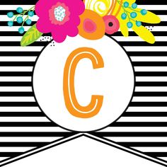 the letter c is surrounded by flowers and leaves on a black and white striped background