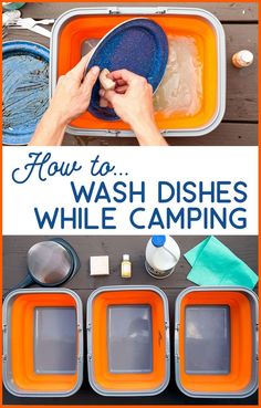 how to wash dishes while camping in an orange and gray cooler with text overlay that reads, how to wash dishes while camping