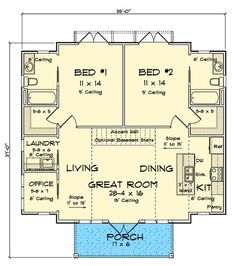 the floor plan for a small house with two bedroom and living areas on each side