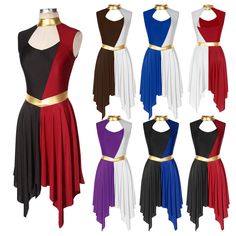 women's latin dance dresses with gold trims and color blocking, all in different colors