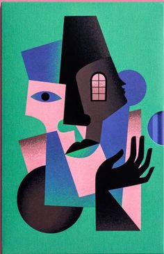 an abstract painting of a man with a house on his head and hands in front of him